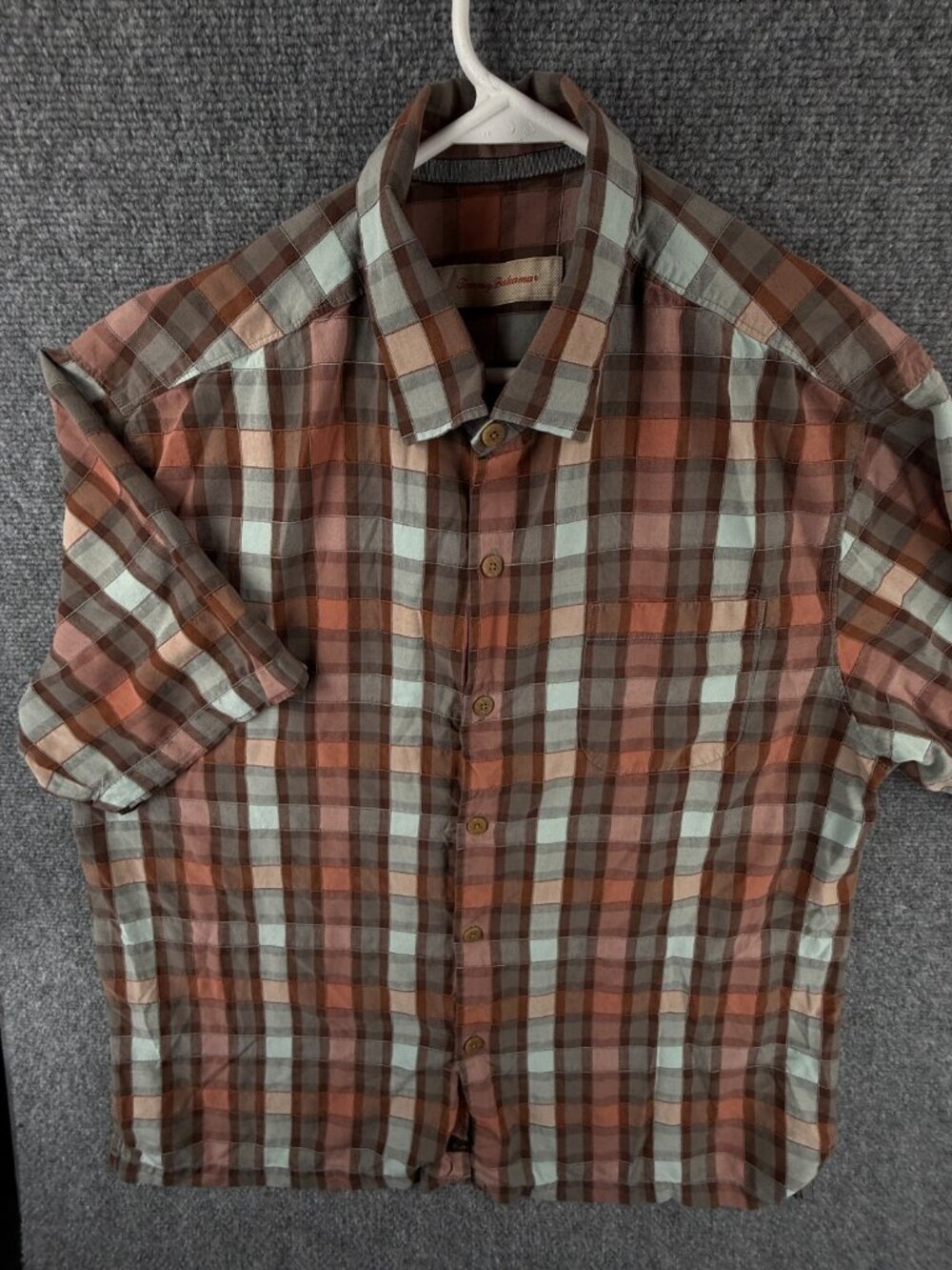 Tommy Bahama Short Sleeve Button Up Shirt All Silk Men Hawaii Plaid Large Earthy